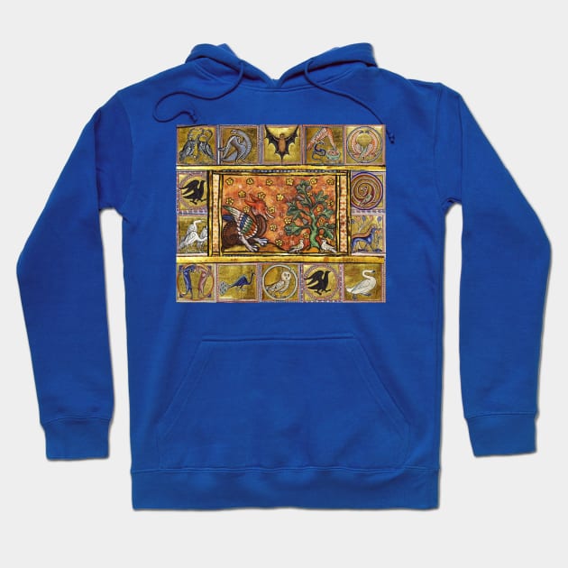 MEDIEVAL BESTIARY,RED DRAGON ,TREE OF LIFE AND BIRDS ,FANTASTIC ANIMALS IN GOLD RED BLUE COLORS Hoodie by BulganLumini